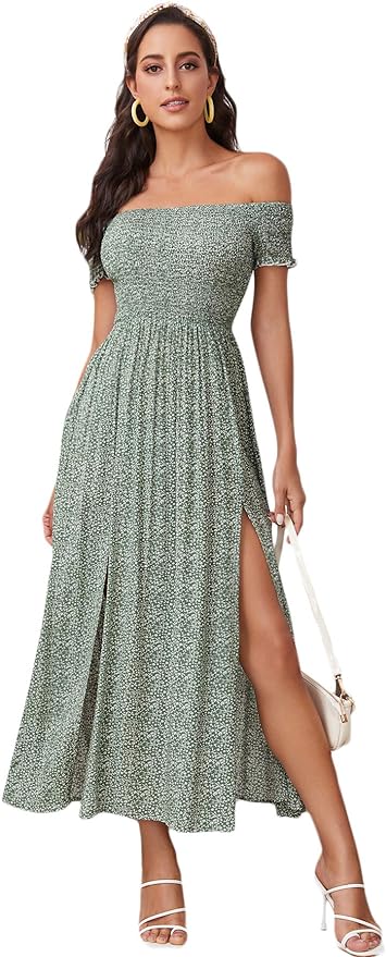 Floerns Women's Boho Floral Print Off Shoulder Split Long A Line Dress Amazon