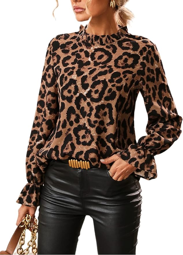 Floerns Women's Leopard Print Long Sleeve Frill Trim Mock Neck Blouse Tops Amazon
