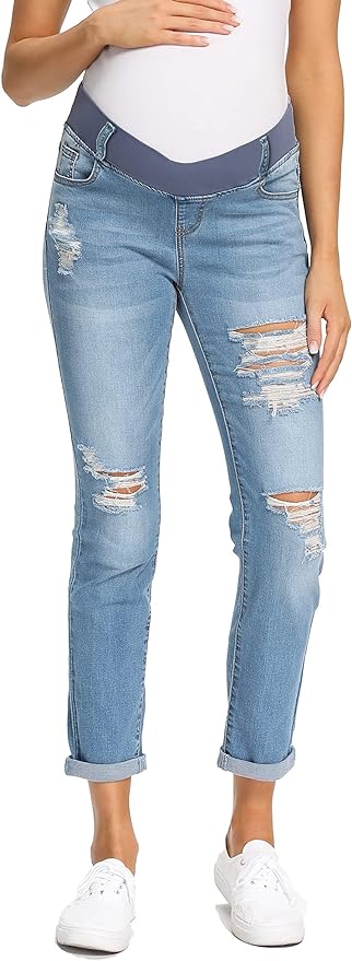 Foucome Women's Maternity Boyfriend Jeans Stretch Ripped Jeans with Pockets Amazon