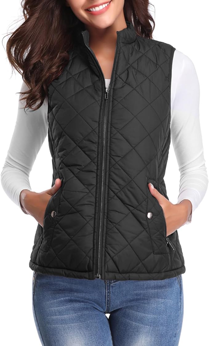 Fuinloth Women's Quilted Vest, Stand Collar Lightweight Zip Padded Gilet Amazon
