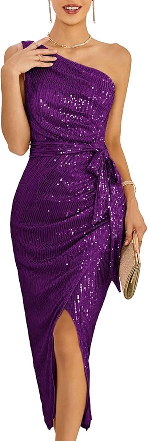 GRACE KARIN Women Sleeveless One Shoulder Sequin Dress Sparkly Glitter Wrap Dress Cocktail Wedding Maxi Dresses with Slit from Amazon