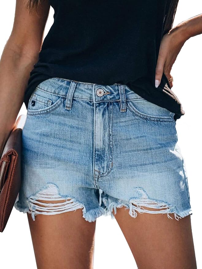Govc Womens Summer Casual High Rise Ripped Frayed Raw Stretchy Denim Jean Shorts