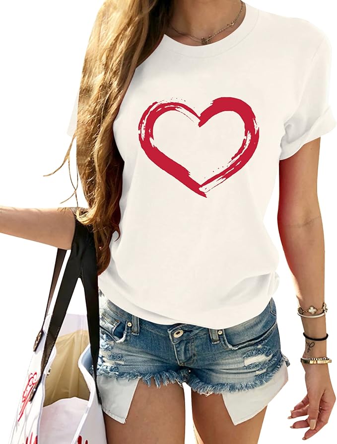HERLOLLYCHIPS Women Cute Heart Graphic Crewneck Short Sleeve Regular Fit Casual Tee T-Shirts Tshirt Tops Amazon
