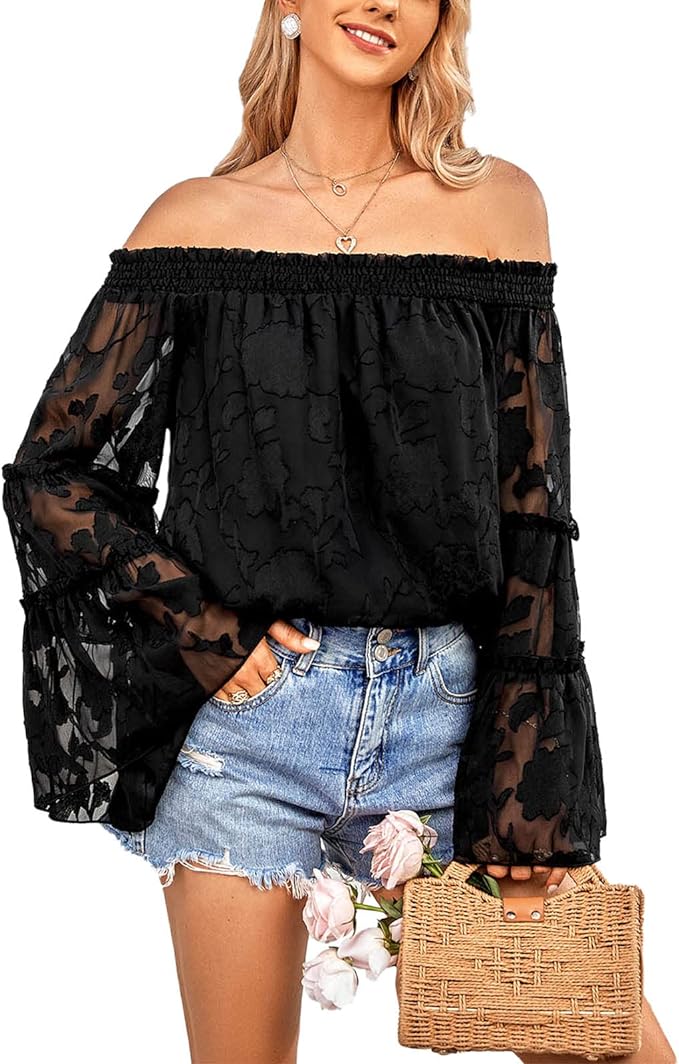 IFFEI Women's Off The Shoulder Tops Lace Floral Textured Shirts Casual Loose Puff Long Sleeve Chiffon Blouses Amazon