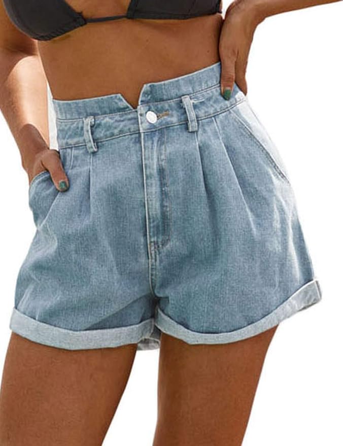 JASAMBAC Women's High Waisted Denim Shorts Rolled Hem Wide Leg Casual Jean Shorts with Pockets Amazon