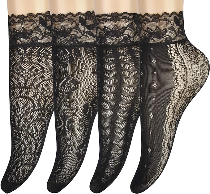 JORMATT 8 Pairs 4 Pairs Women Lace Fishnet Socks Nylon Sheer Ankle Dress Sokcs Amazon