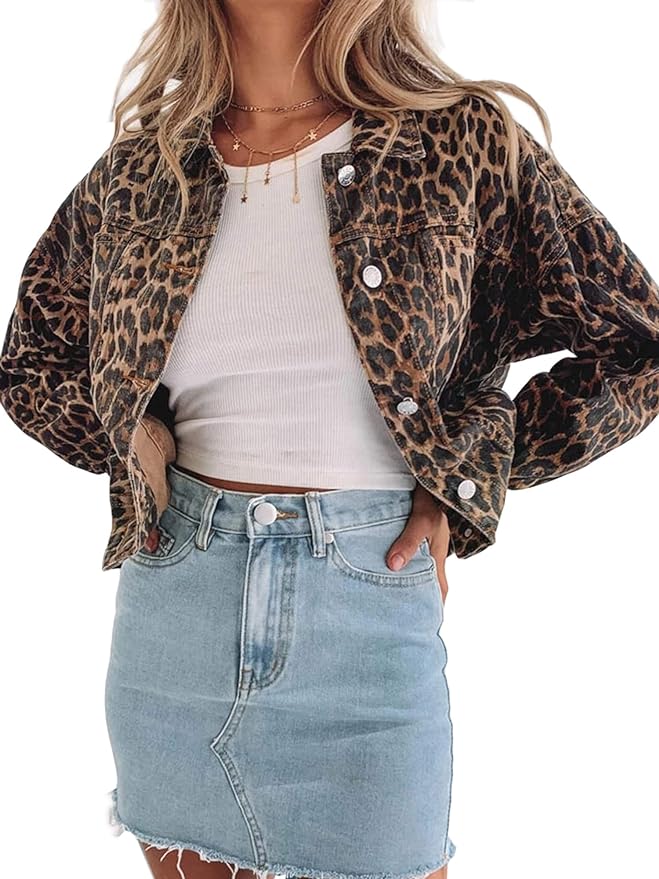 Justalwart Denim Jacket for Women Leopard Print Retro Shape Button-up Front Bomber Jacket Amazon