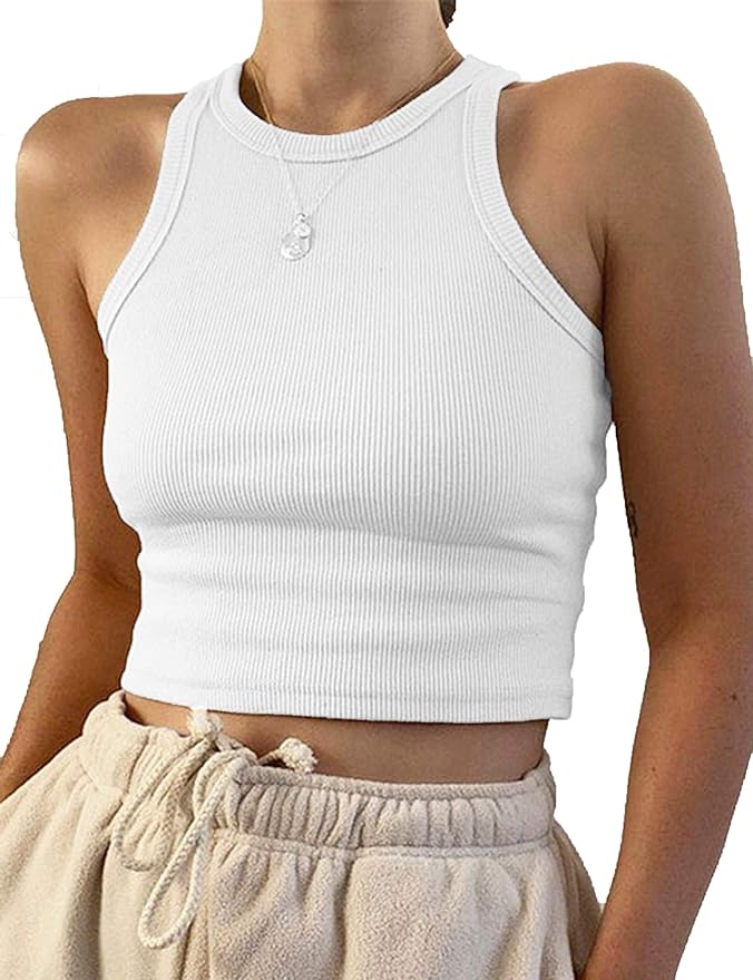 KAMISSY Women Basic Crew Neck Crop Tank Top Solid Rib-Knit Binding Crop Top Amazon