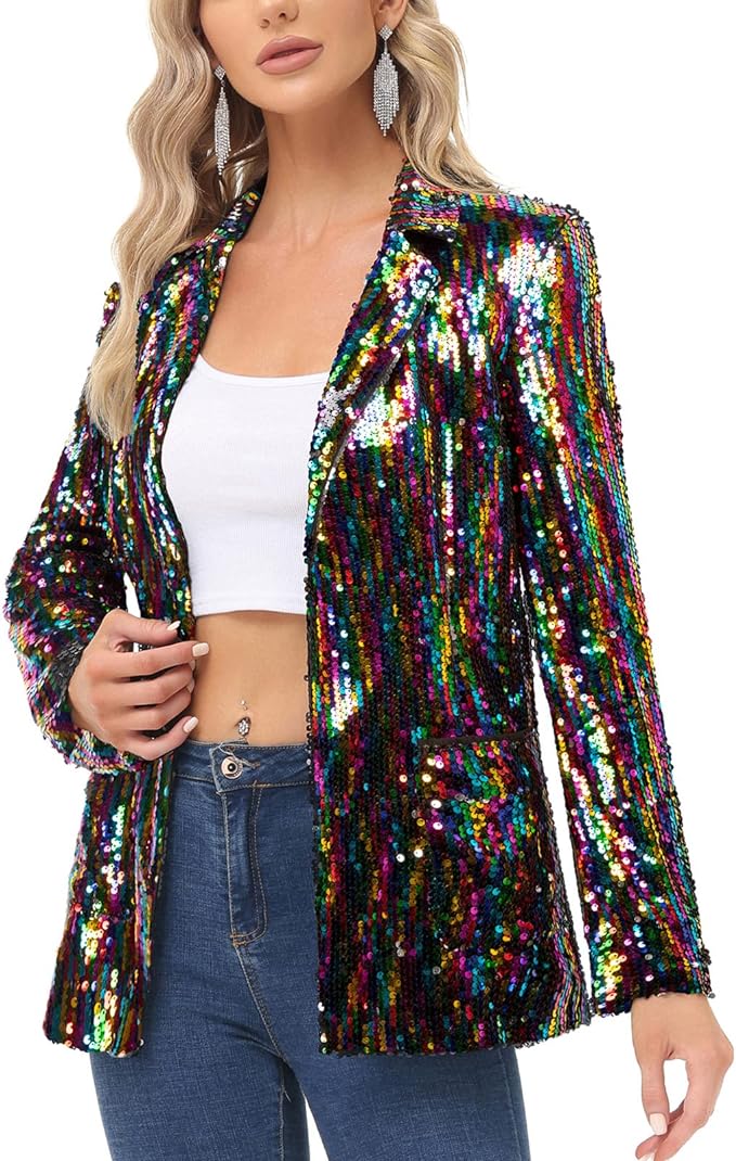 KANCY KOLE Women's Sequin Jackets Open Front Blazer Jacket Casual Long Sleeve Sparkly Cardigan Coat with Pocket S-XXL from Amazon