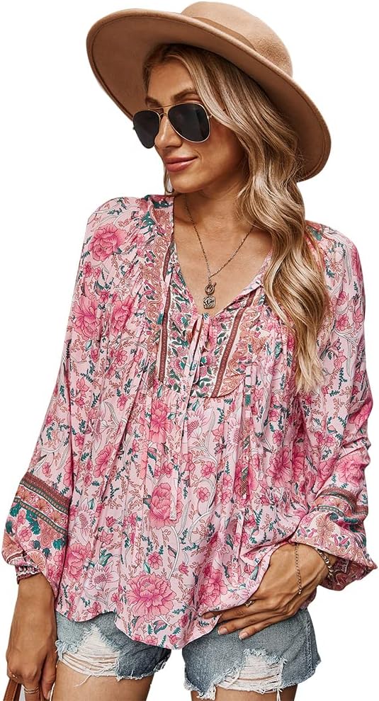 Boho V Neck Top Loose Floral Printed Long Sleeve Beach Shirts Blouses Amazon