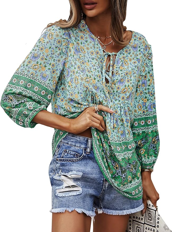 KAYWIDE Women's Casual Boho V Neck Top Loose Floral Printed Long Sleeve Beach Shirts Blouses Amazon