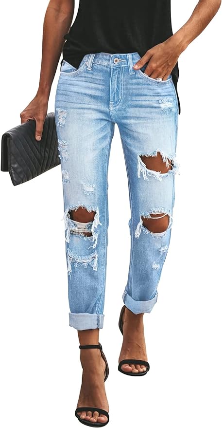 KUNMI Women's Ripped Mid Waisted Boyfriend Jeans Loose Fit Distressed Stretchy Denim Pants Amazon