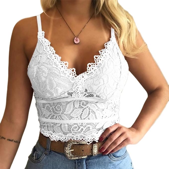 Koinshha Women's Soft Casual Lace Crochet Spaghetti Strap Cami Crop Top Camisole Amazon