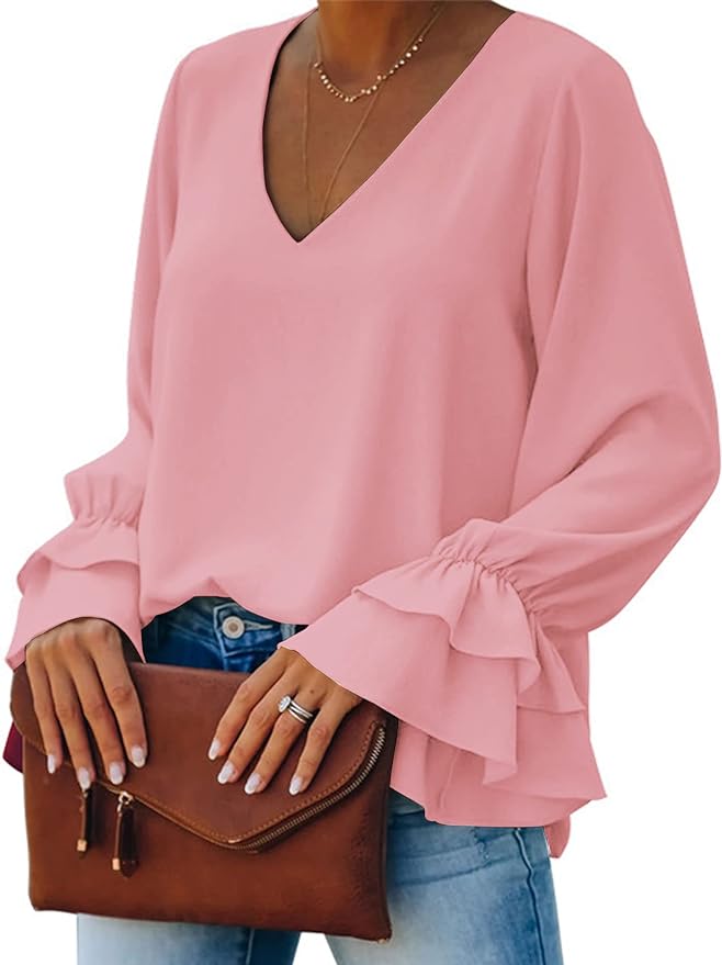 LYANER Women's Casual V Neck Tiered Ruffle Bell Long Sleeve Blouse Shirt Tunic Top Amazon