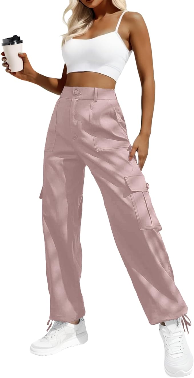 Lepunuo Women's High Waisted Cargo Pants Travel Y2K Streetwear Baggy Stretchy Pants with 6 Pockets Drawstring Ankle Cuffs Amazon