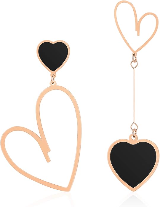 Linawe Black Heart Earrings, Rose Gold Hypoallergenic Stainless Steel Dangle Drop Earrings Dangling, Preppy Stuff Y2K Cute Asymmetrical Earrings, Gift Valentine's Day Anniversary Amazon