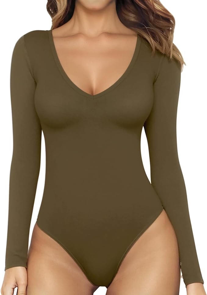 MANGOPOP Deep V Neck Short Sleeve Long Sleeve Tops Bodysuit for Women Clothing Amazon