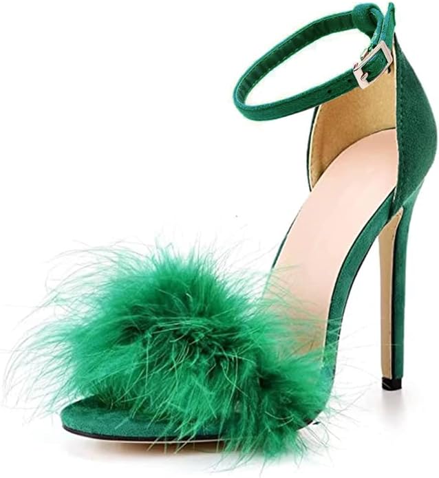 MMJULY Women's Open Toe Ankle Strap Fluffy Feather Stiletto High Heel Dress Sandal Amazon