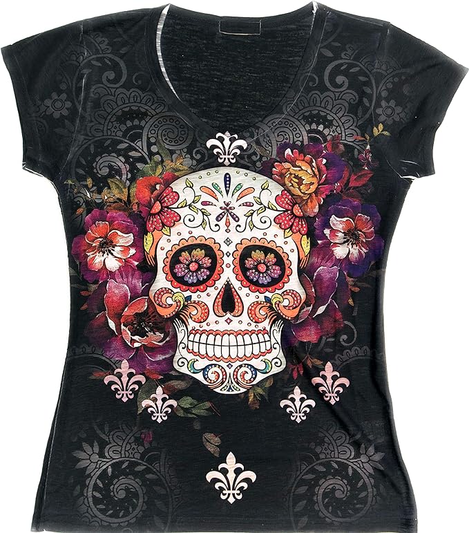 Made in USA - Sugar Skull Shirts for Women - V Neck T Shirt Tee - Beautiful Quality Print Decorated with Rhinestones Amazon