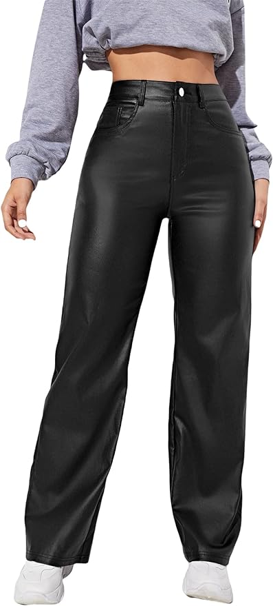 MakeMeChic Women's High Waist Pockets Straight Leg Jeans Leather Look Pants Amazon