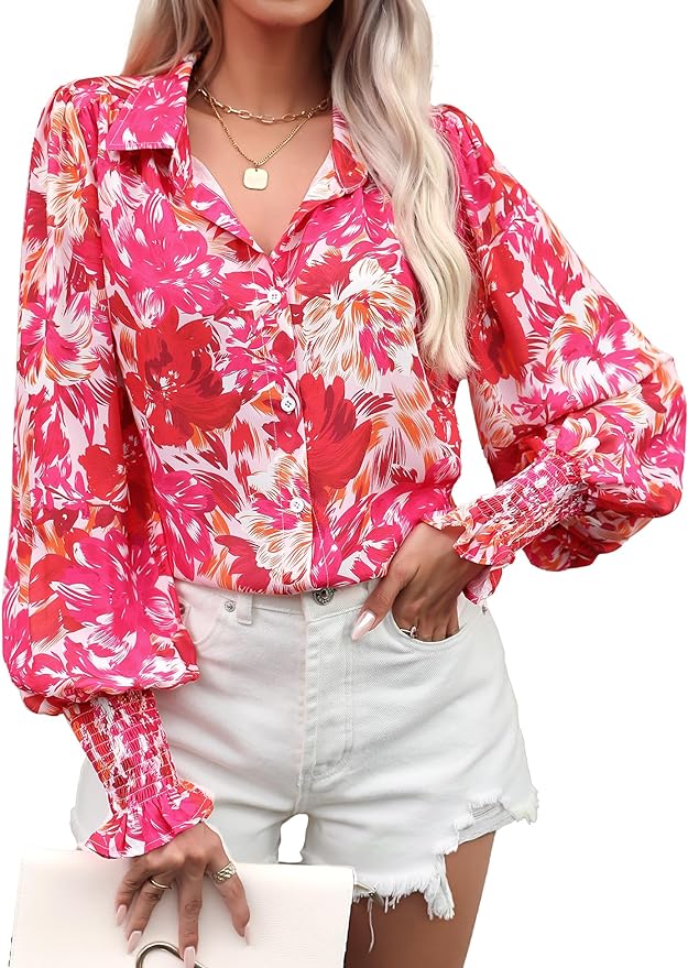 Meetrendi Women's Floral Print Button Down Shirts Blouse V Neck Lantern Long Sleeve Loose Casual Boho Tops Amazon