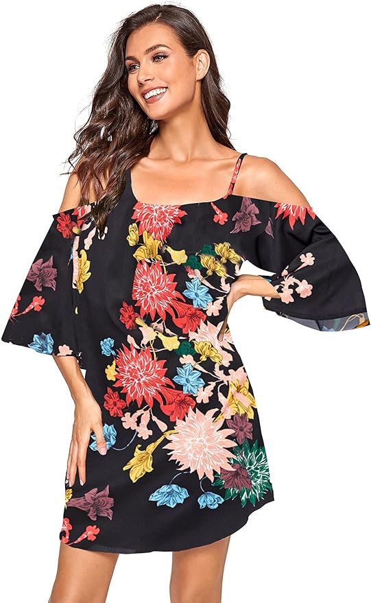 Milumia Women's Boho Cold Shoulder Floral Print Kimono Sleeve Tunic Dress