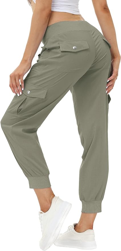 MoFiz Women's Lightweight Hiking Cargo Pants Outdoor Quick Dry Casual Travel Sweatpants Joggers Elastic Waist Button Pockets Amazon