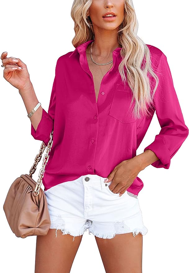 OMSJ Women's Button Down Shirts Satin V Neck Long Sleeve Casual Work Blouse Tops with Pocket Amazon
