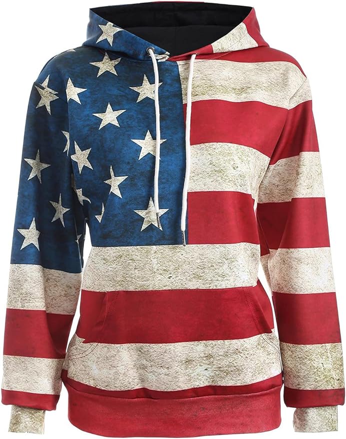 OQC Unisex USA American Flag Print 4th of July Patriotic Long Sleeve Pockets Slim Pullover Hoodie Sweatshirt Amazon