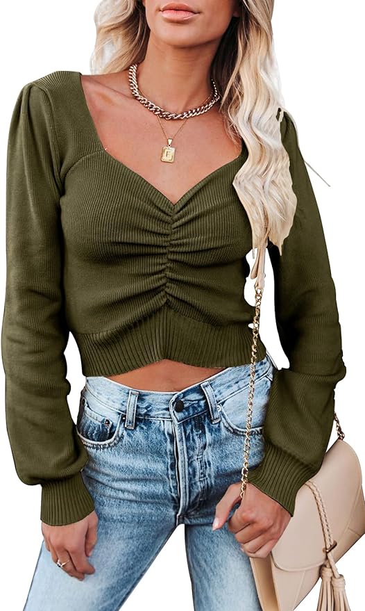 PRETTYGARDEN Fall Long Sleeve Cropped Sweaters for Women Off The Shoulder V Neck Ruched Ribbed Knit Going Out Tops Amazon