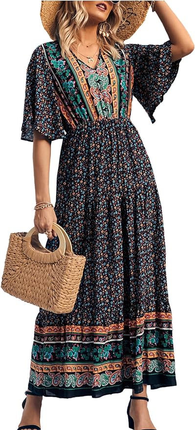 PRETTYGARDEN Women's Casual Summer Boho Floral Print Dress V Neck Short Sleeve High Waist Long Maxi Beach Dresses