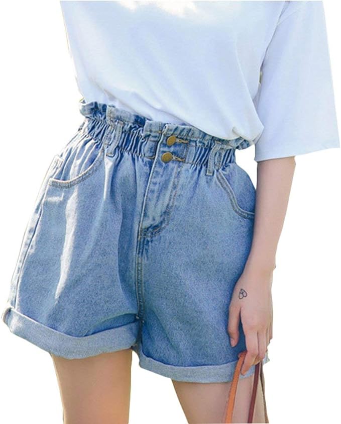 Plaid&Plain Women's High Waisted Denim Shorts Rolled Blue Jean Shorts Amazon
