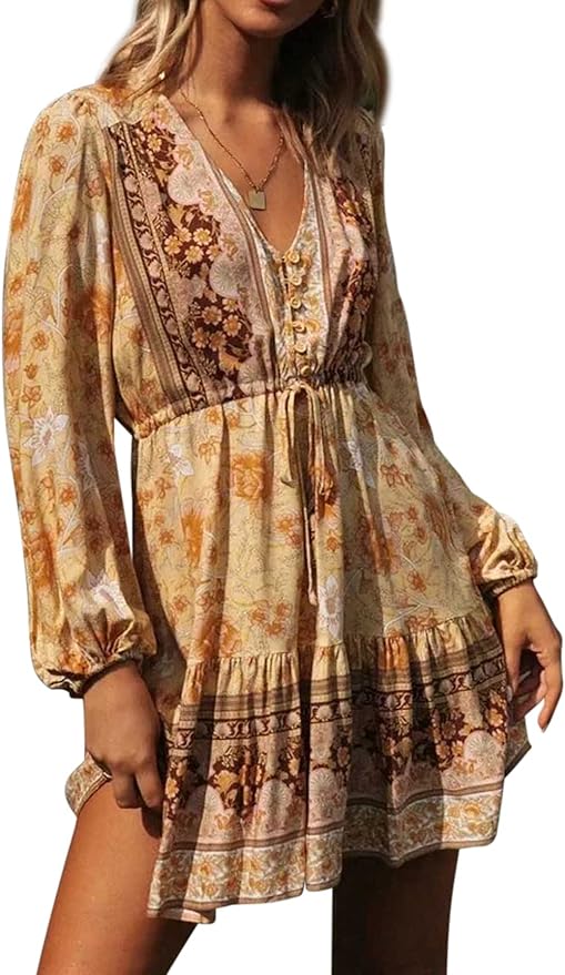 R.Vivimos Women's Cotton Long Sleeves V-Neck Button Up Floral Print Bohemian Flowy Mini Dress