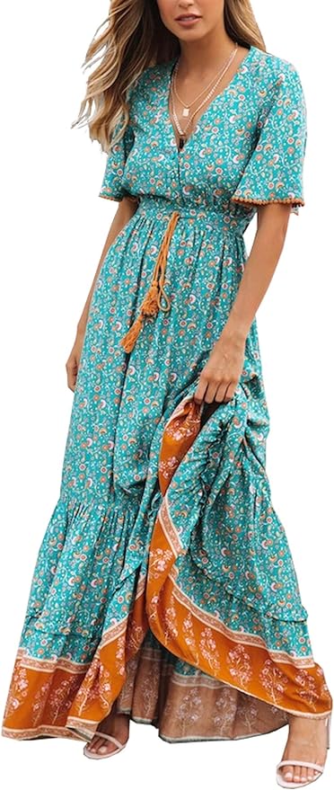 R.Vivimos Womens Summer Cotton Short Sleeve V Neck Floral Print Casual Bohemian Midi Dresses Amazon