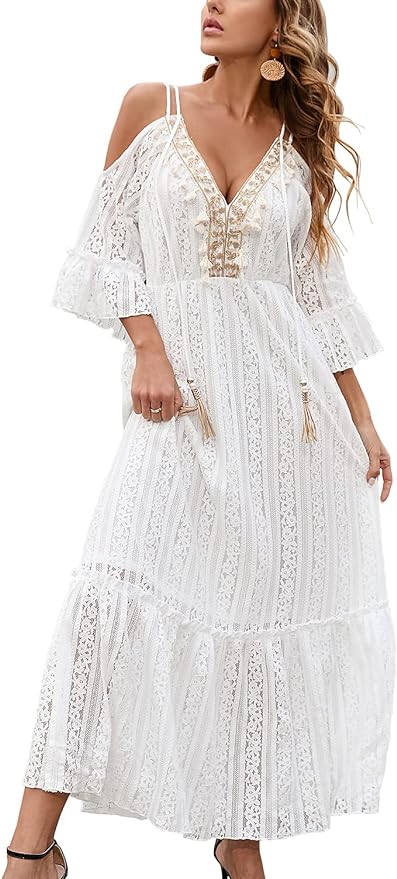RIBONGZ Lace Boho Dresses Maxi Cold Shoulder Baby Shower Beach Wedding Guest Photoshoot Spring Summer Fall Amazon