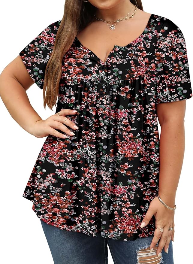 ROSELINLIN Plus Size Womens Tunic Top Short Sleeve V Neck Floral Summer Top Amazon