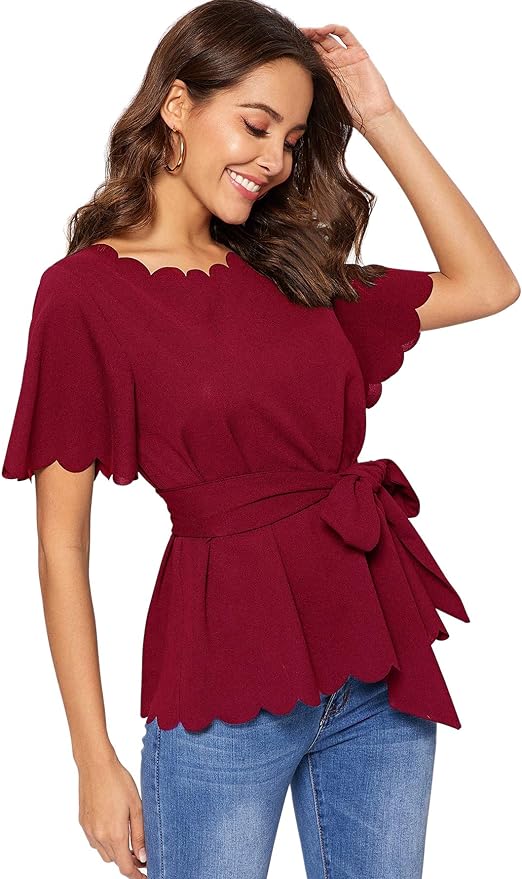 Romwe Women's Bow Self Tie Scalloped Cut Out Short Sleeve Elegant Office Work Tunic Blouse Top Amazon