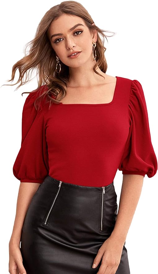 Romwe Women's Casual Puff Sleeve Square Neck Slim Fit Crop Tee Tops form Amazon