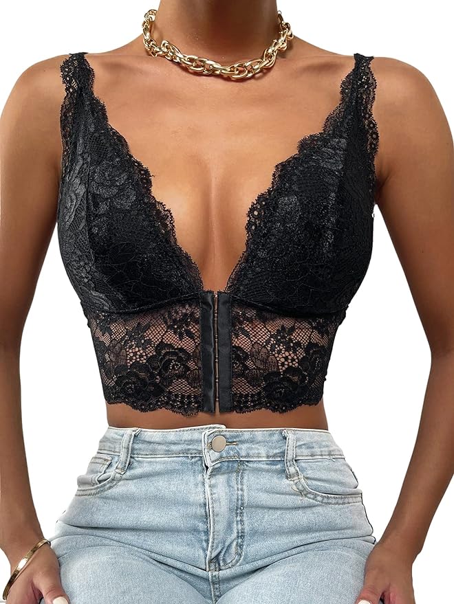 Romwe Women's Lace Deep V Neck Sleeveless Sexy Crop Tank Tops Undershirt Amazon