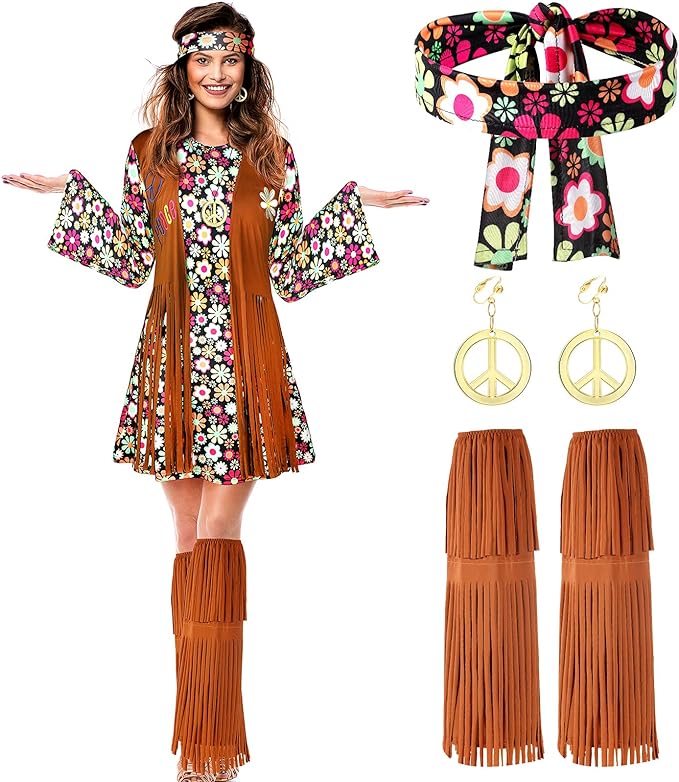 SATINIOR 70s 60s Hippie Costume Set 70s Outfits Accessories for Halloween Women Disco Dress for Girls