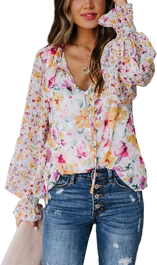 SHEWIN Women's Casual Boho Floral Print V Neck Long Sleeve Drawstring Tops Loose Blouses Button Down Shirts Amazon