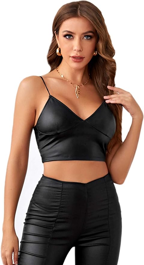 SOLY HUX Women's PU Leather V Neck Spaghetti Strap Cami Crop Top Amazon