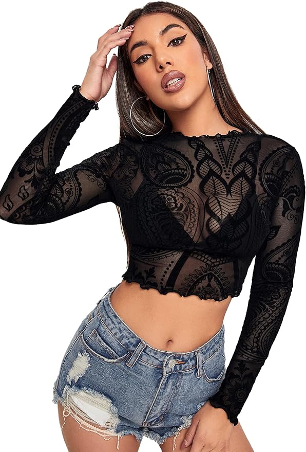 SOLY HUX Women's See Through Tops Floral Print Long Sleeve Tee Lettuce Trim Sexy Sheer Mesh Crop Top T Shirts Amazon