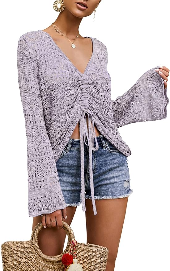 Saodimallsu Womens Boho Off Shoulder Sheer Crop Tops Bell Sleeve Flowy Oversized Crochet Ruched Pullover Sweaters Amazon