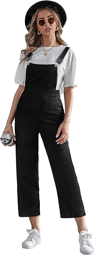 SheIn Women's Pocket Front Corduroy Cropped Pants Overalls Pinafore Jumpsuit Amazon
