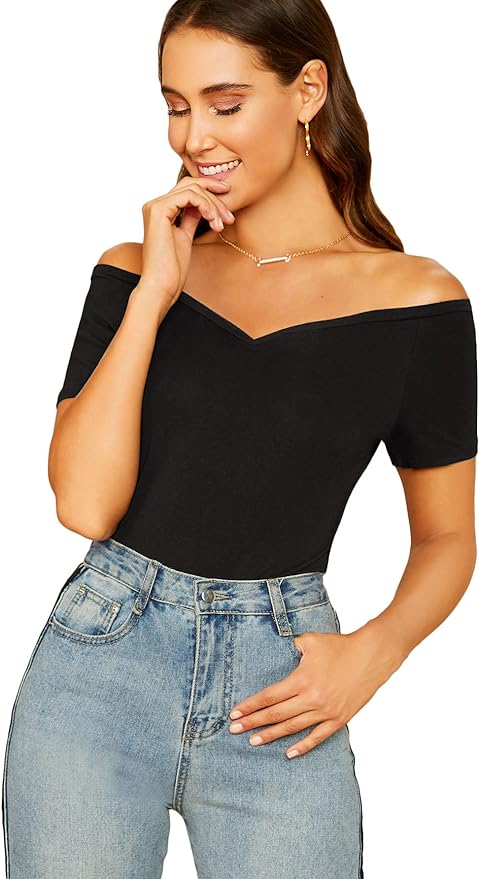 SheIn Women's Sexy Off Shoulder Tee Top Short Sleeve V Neck Ribbed Knit T Shirt Amazon