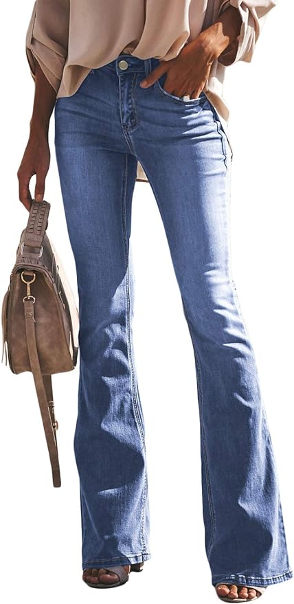 Sidefeel Women Button Up Bell Bottom Jeans Ripped Flare Fitted Denim Pants Size