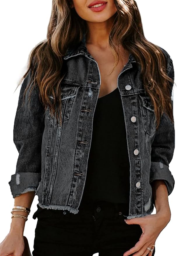 Sidefeel Women Long Sleeve Button Denim Jacket Distressed Ripped Jean Coat Amazon