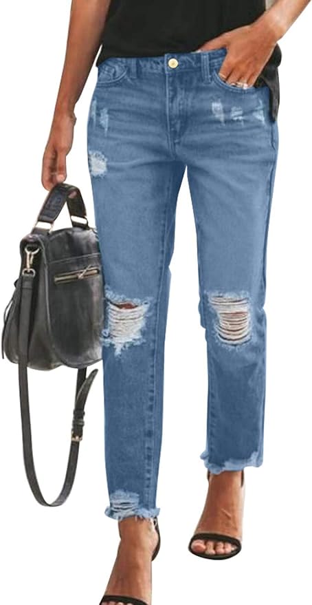 Sidefeel Women's Boyfriend Jeans Stretchy Ripped Distressed Denim Pants Size 4-18