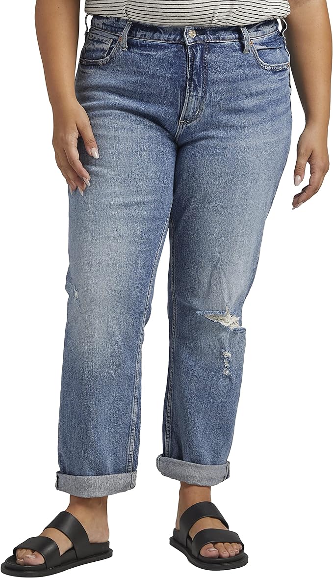 Silver Jeans Co. Women's Plus Size 90s Boyfriend High Rise Straight Leg Jeans Amazon